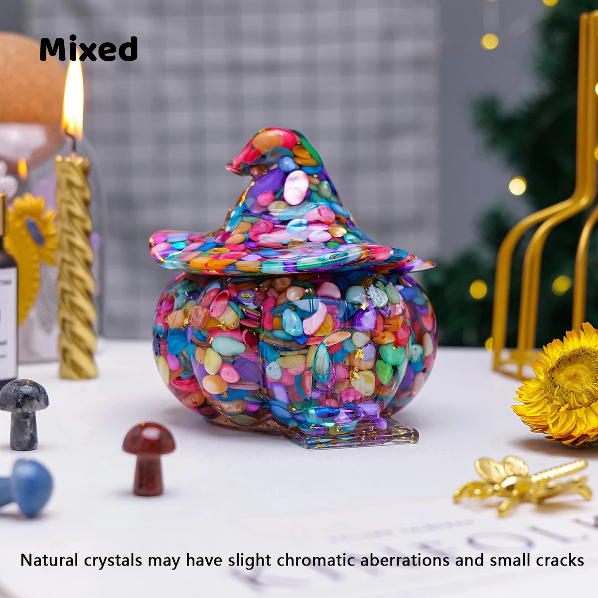 1PCNatural Crystal Gravel Pumpkin House Statue Dropper Resin Reiki Stone Fengshui Halloween Gift Witch Candy Box Home Decoration