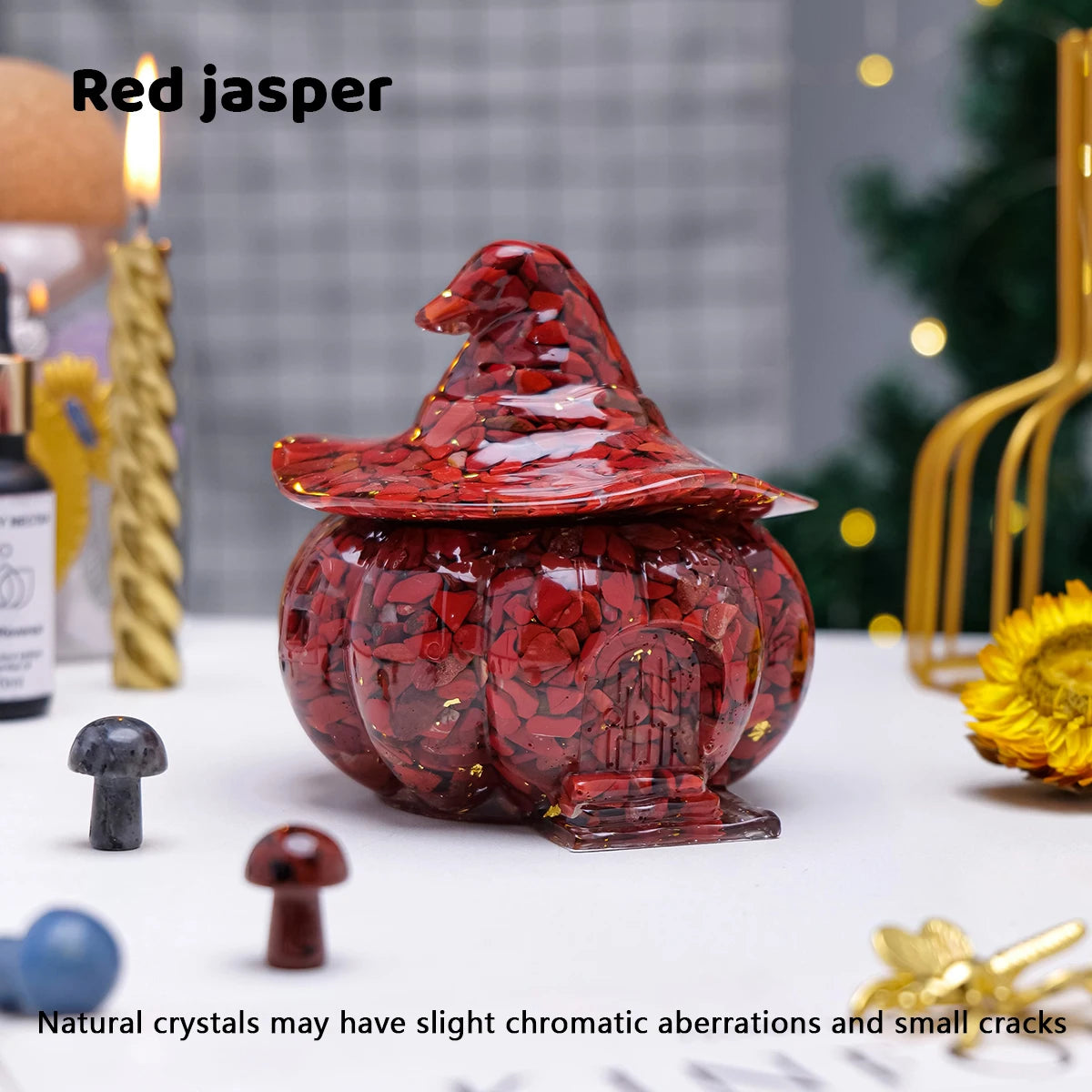 1PCNatural Crystal Gravel Pumpkin House Statue Dropper Resin Reiki Stone Fengshui Halloween Gift Witch Candy Box Home Decoration