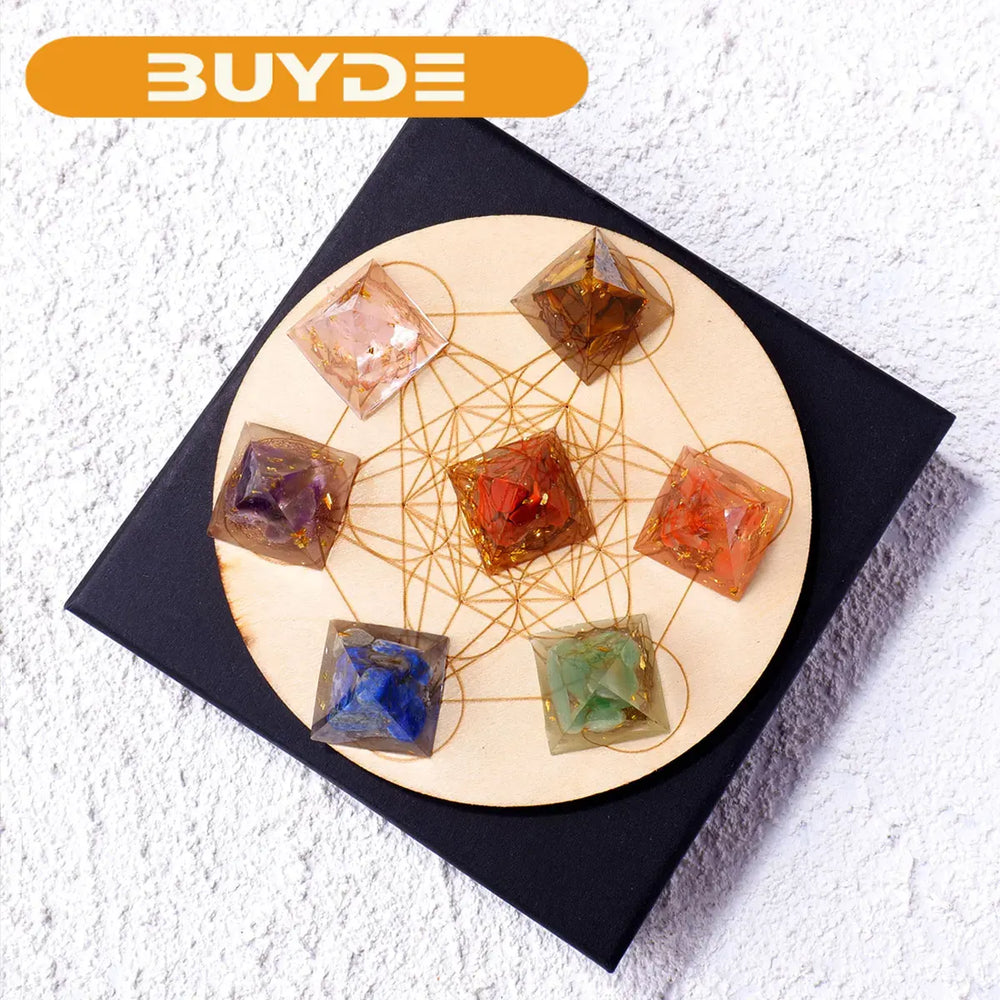 7pcs/set Natural Stone 2cm Pyramid Seven Chakra Crystal Gift Box Chakras Yoga Treatment Gemstone Quartz With Wooden base