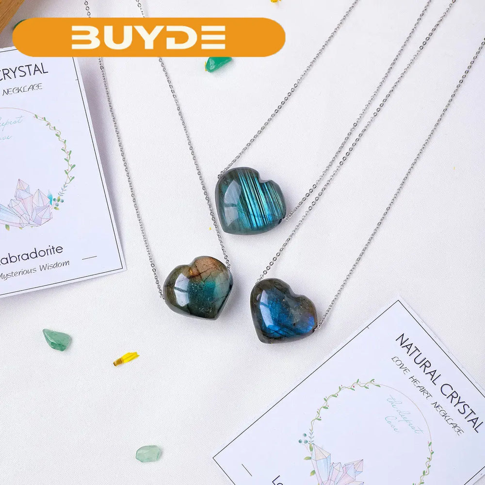 1pc Natural crystal Labradorite Heart Shaped Rough Polished Pendant Flowing light necklace Crafts Stone Hanging Ornament