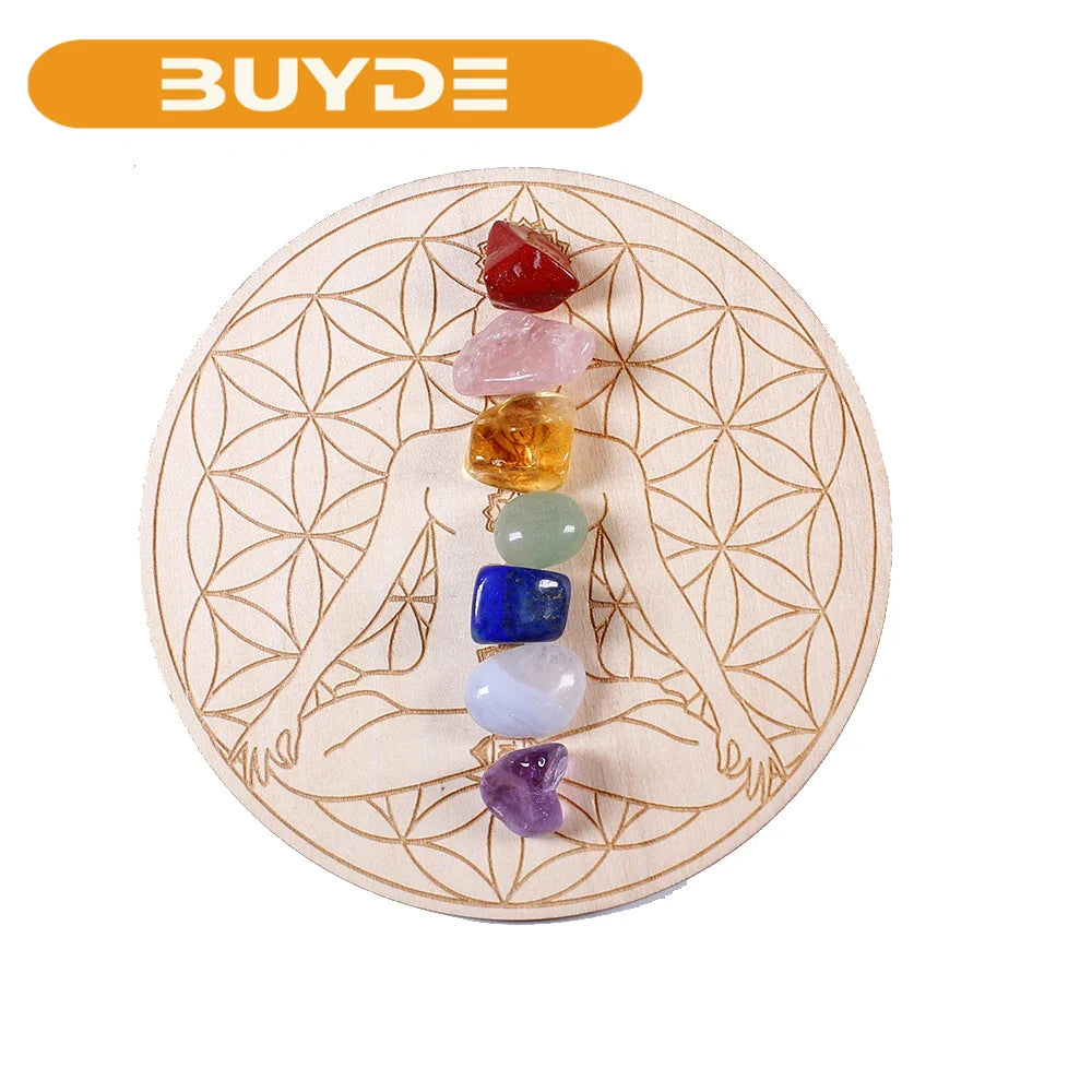 7pcs/set Natural Crystal Mixed  seven Chakra Healing Stone + Seven Star Array Wood Plate Gravel Chips Chakra Home decor Gift