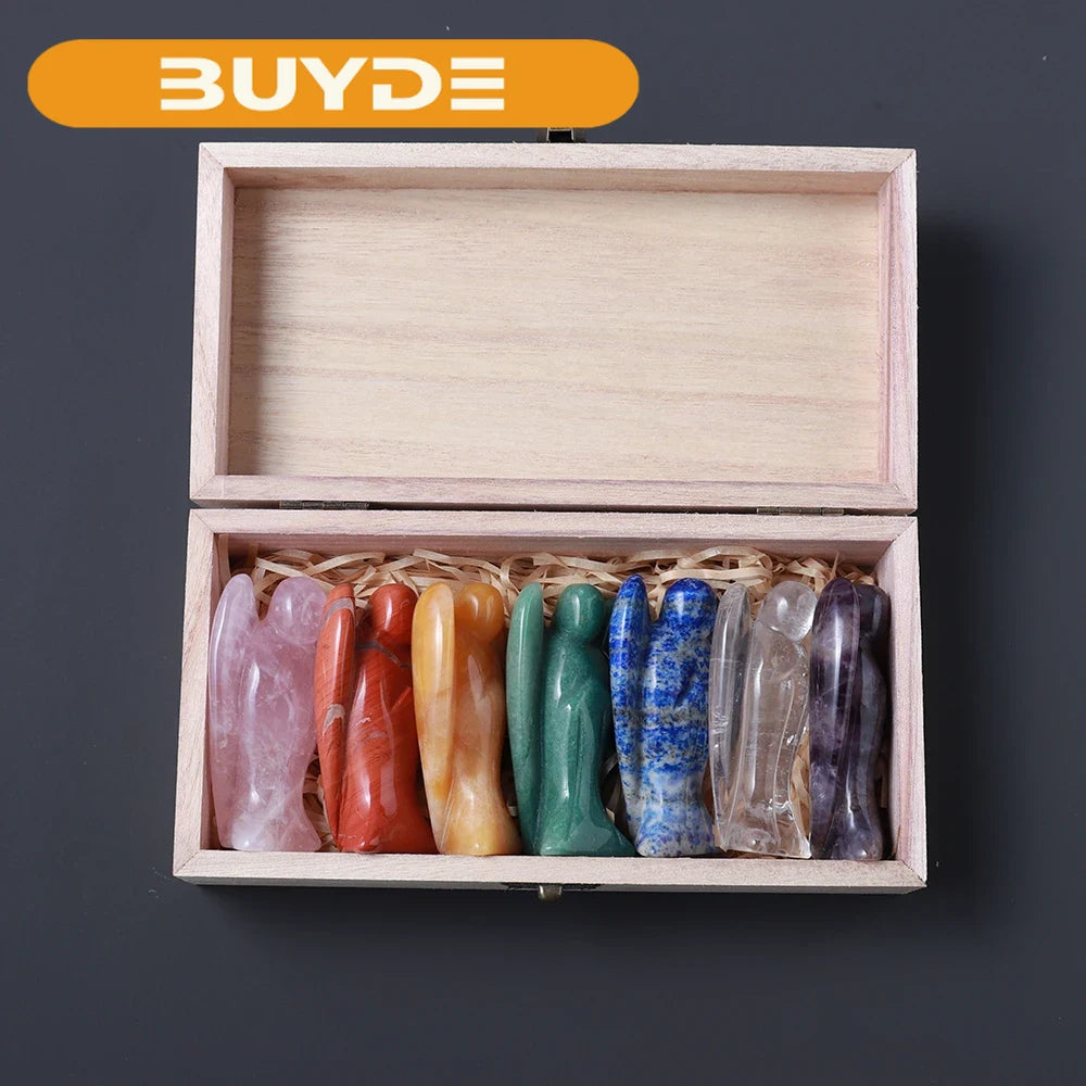 7pcs/set  Natural crystal angel Hand carved craftsPatron Saint Cure Gemstone Home Decoration wood Gift DIY