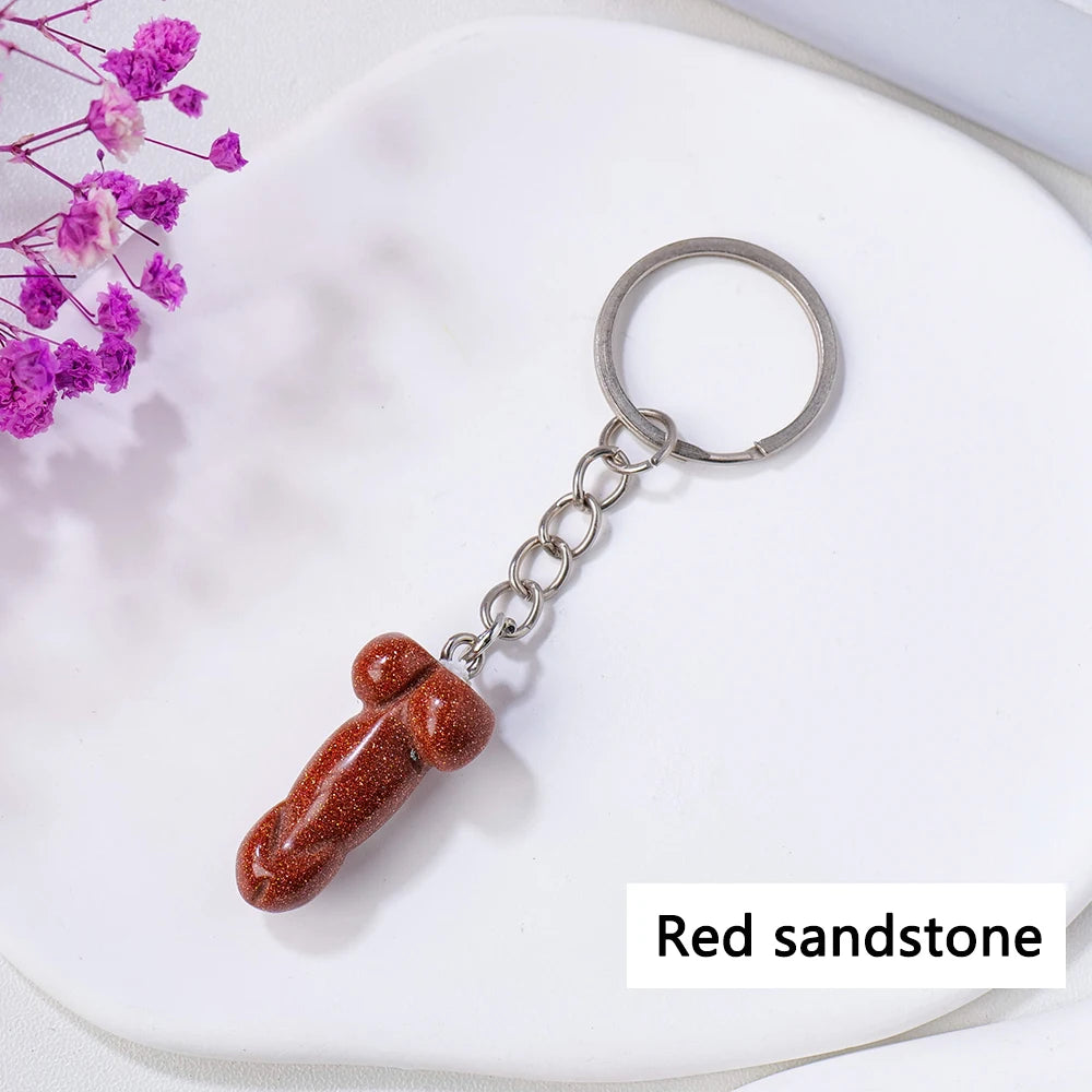 1pc 1PC Natural Crystal Stone Aventurine Red jasper Mini Penile Statue Hanging Key Ring Holder Stone Crafts Men's Gift