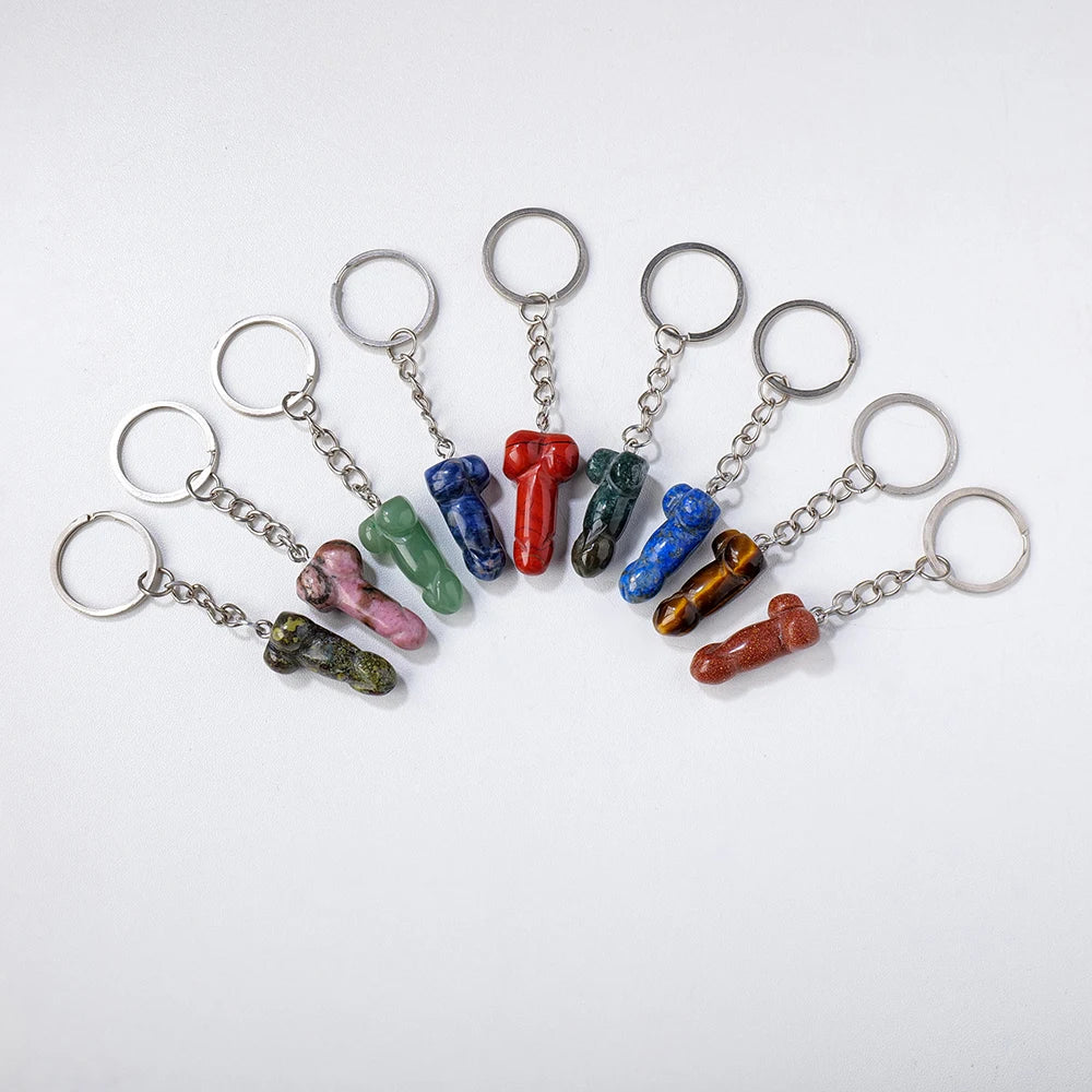 1pc 1PC Natural Crystal Stone Aventurine Red jasper Mini Penile Statue Hanging Key Ring Holder Stone Crafts Men's Gift