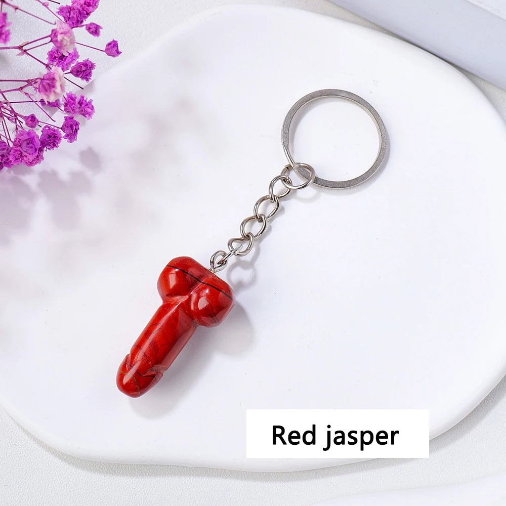 1pc 1PC Natural Crystal Stone Aventurine Red jasper Mini Penile Statue Hanging Key Ring Holder Stone Crafts Men's Gift