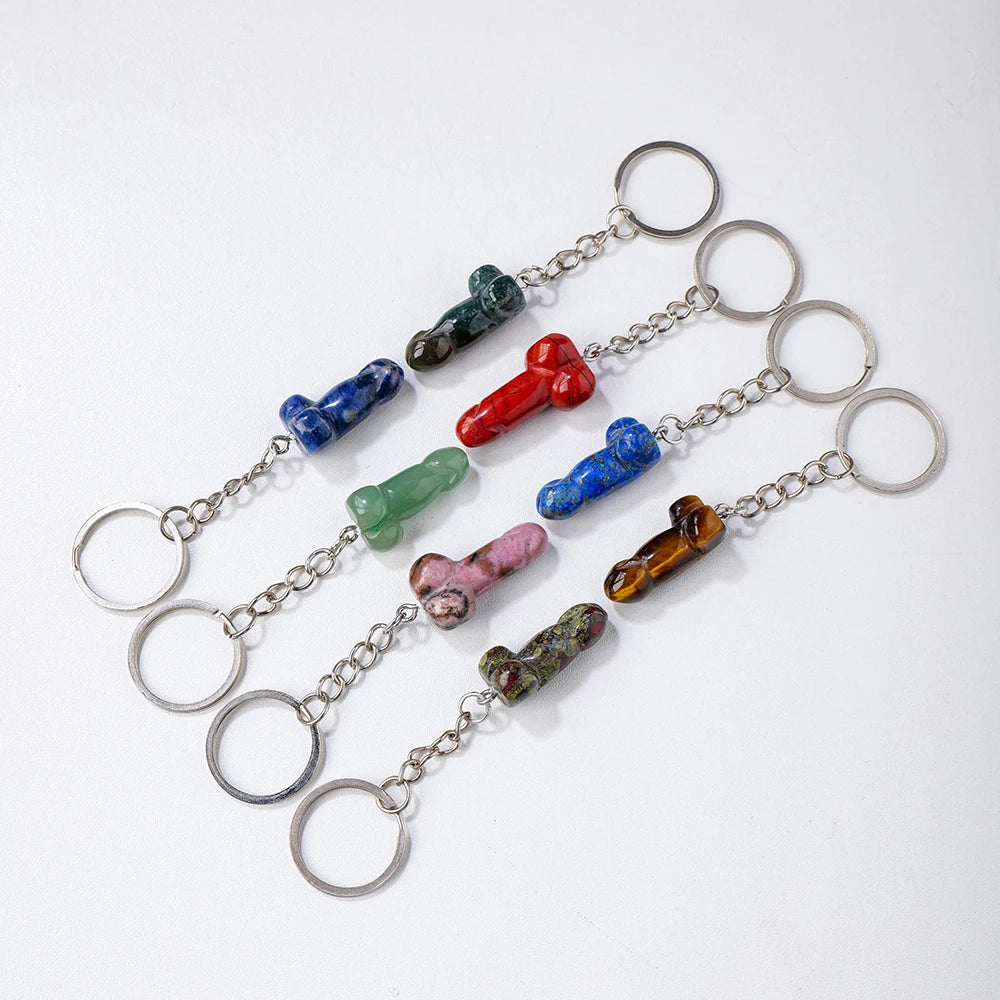 1pc 1PC Natural Crystal Stone Aventurine Red jasper Mini Penile Statue Hanging Key Ring Holder Stone Crafts Men's Gift