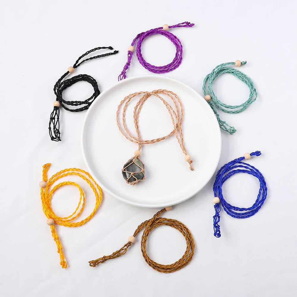 1pc Adjustable Length Pendant Wooden Beads Net Bag Cord Empty Stone Holder Necklace Crystal Raw Stone Wax Rope DIY Pendant