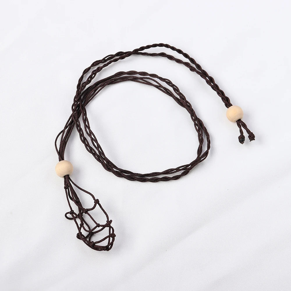 1pc Adjustable Length Pendant Wooden Beads Net Bag Cord Empty Stone Holder Necklace Crystal Raw Stone Wax Rope DIY Pendant