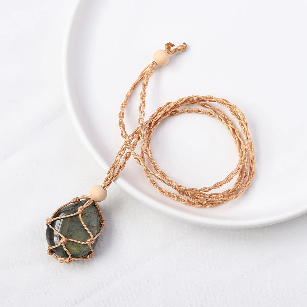 1pc Adjustable Length Pendant Wooden Beads Net Bag Cord Empty Stone Holder Necklace Crystal Raw Stone Wax Rope DIY Pendant