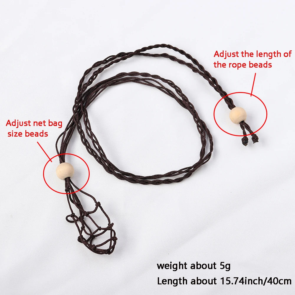 1pc Adjustable Length Pendant Wooden Beads Net Bag Cord Empty Stone Holder Necklace Crystal Raw Stone Wax Rope DIY Pendant