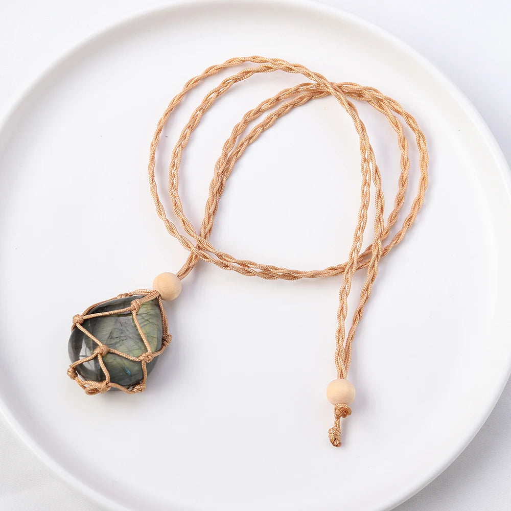 1pc Adjustable Length Pendant Wooden Beads Net Bag Cord Empty Stone Holder Necklace Crystal Raw Stone Wax Rope DIY Pendant