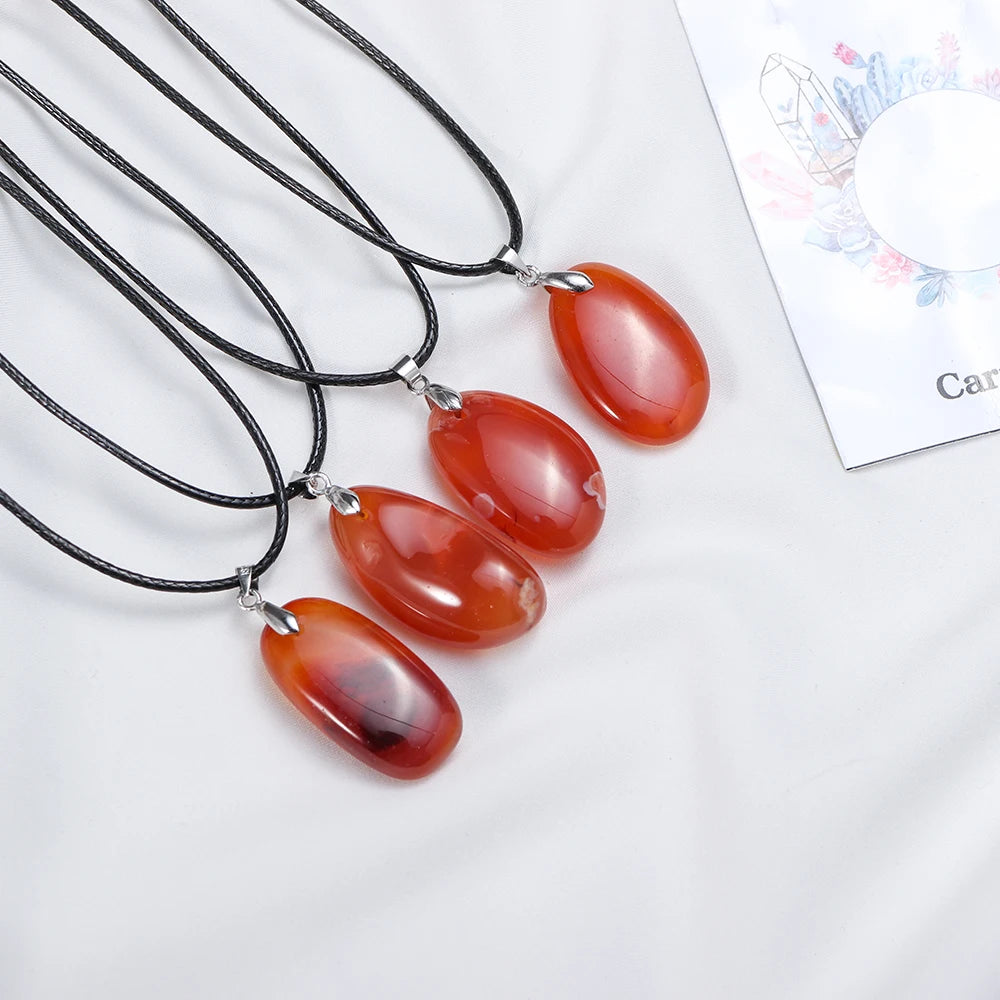 1pc Beautiful Natural Crystal Carnelian Pendant Reiki Red Agate Leather Rope Necklace DIY Jewelry Amulet Gift For Women