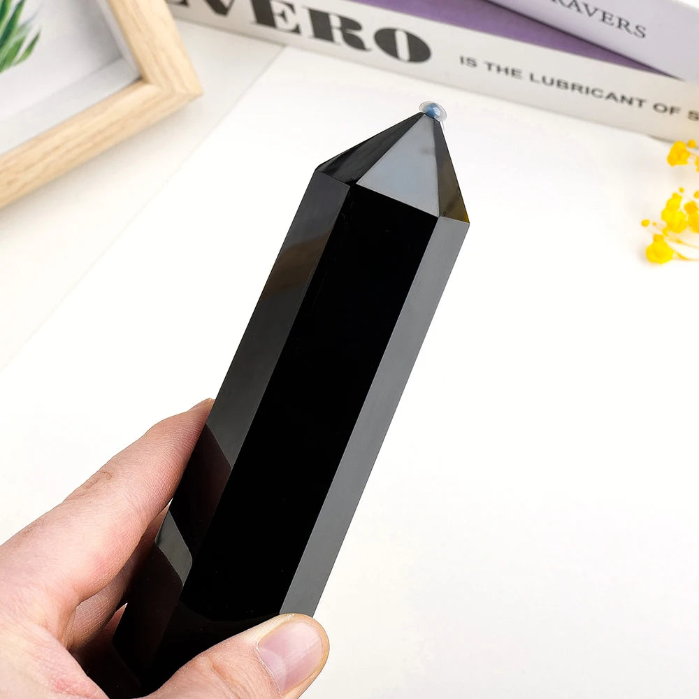 1pc Big Size Natural Black Quartz Obsidian Double Point Crystal Magic Wand Hexagonal Prism Column Reiki  Handcraft Decoration