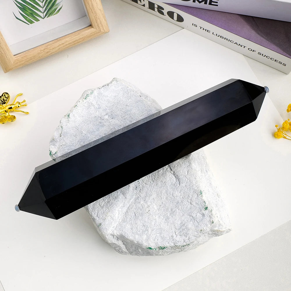 1pc Big Size Natural Black Quartz Obsidian Double Point Crystal Magic Wand Hexagonal Prism Column Reiki  Handcraft Decoration