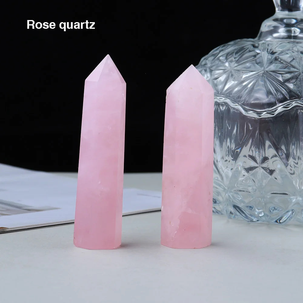 1pc Crystal Tower Point Wand Reiki Healing Stone Rose Quartz Amethyst Energy Ore Mineral Polished Crafts Home Decoration