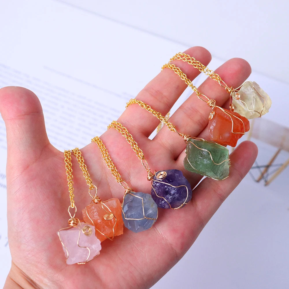 1pc Energy Quartz Raw Stone Pendant Natural Crystal Gold Silk Thread Necklace Health Gem Jewelry Summer Gift