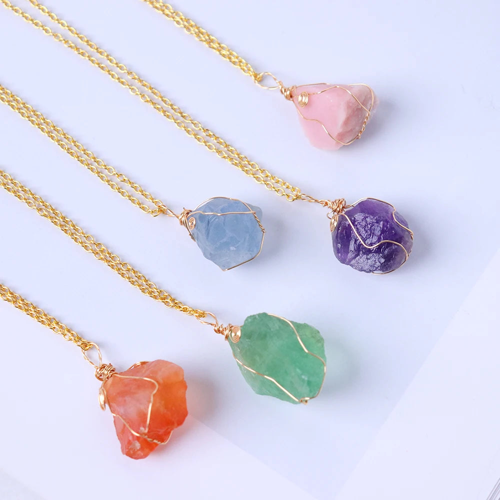 1pc Energy Quartz Raw Stone Pendant Natural Crystal Gold Silk Thread Necklace Health Gem Jewelry Summer Gift