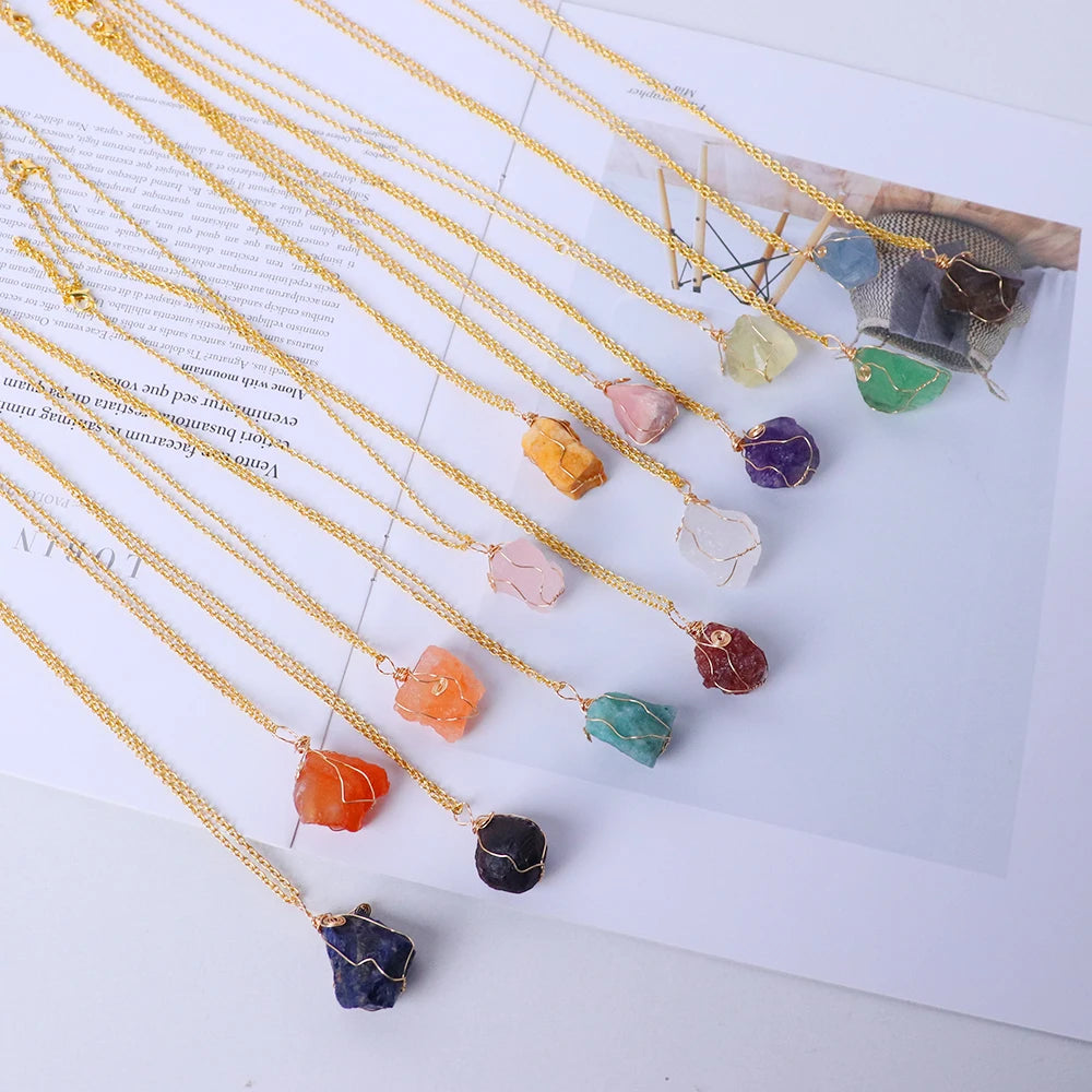 1pc Energy Quartz Raw Stone Pendant Natural Crystal Gold Silk Thread Necklace Health Gem Jewelry Summer Gift