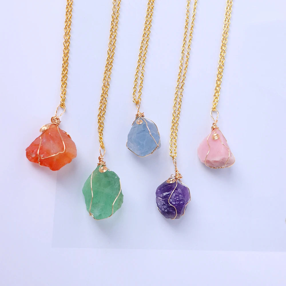 1pc Energy Quartz Raw Stone Pendant Natural Crystal Gold Silk Thread Necklace Health Gem Jewelry Summer Gift