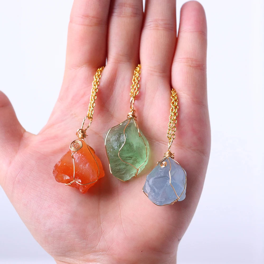 1pc Energy Quartz Raw Stone Pendant Natural Crystal Gold Silk Thread Necklace Health Gem Jewelry Summer Gift