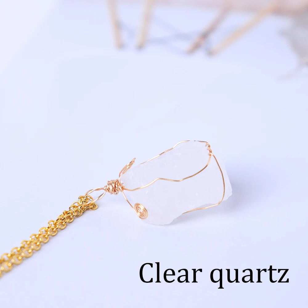 1pc Energy Quartz Raw Stone Pendant Natural Crystal Gold Silk Thread Necklace Health Gem Jewelry Summer Gift