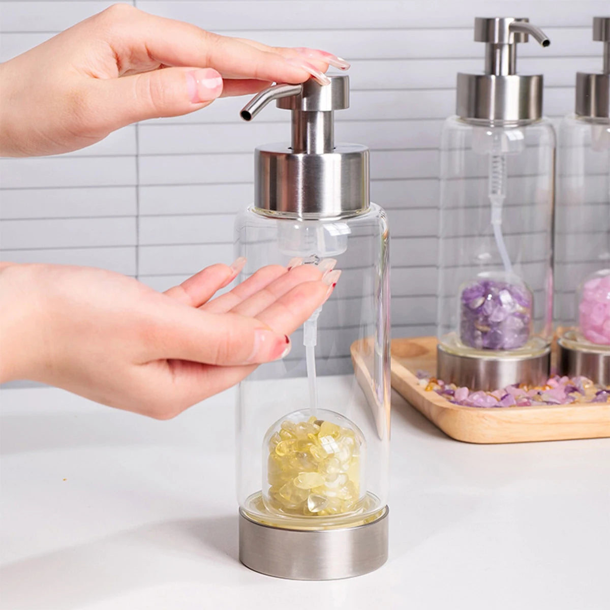 1pc Manual Soap Dispenser Natural Crystal Gravel Stone Chips Hand Sanitizer Bottle Containers Press Empty Bottles