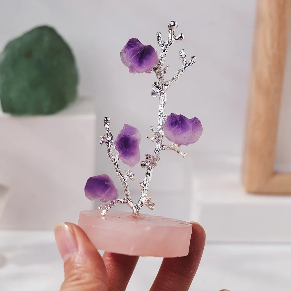 1pc Natural Amethyst Flowers Crystal Lucky Tree Rose Quartz Base Gemstone Reiki Chakra Feng Shui Trees Home Decor