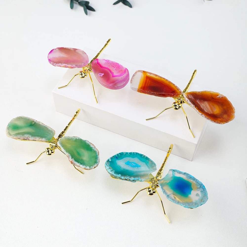 1pc Natural Crystal Colourful Agate Slice DIY Dragonfly Brass Accessories Children's Day Gifts Home Decoration