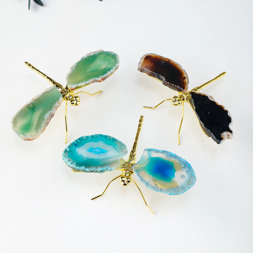 1pc Natural Crystal Colourful Agate Slice DIY Dragonfly Brass Accessories Children's Day Gifts Home Decoration