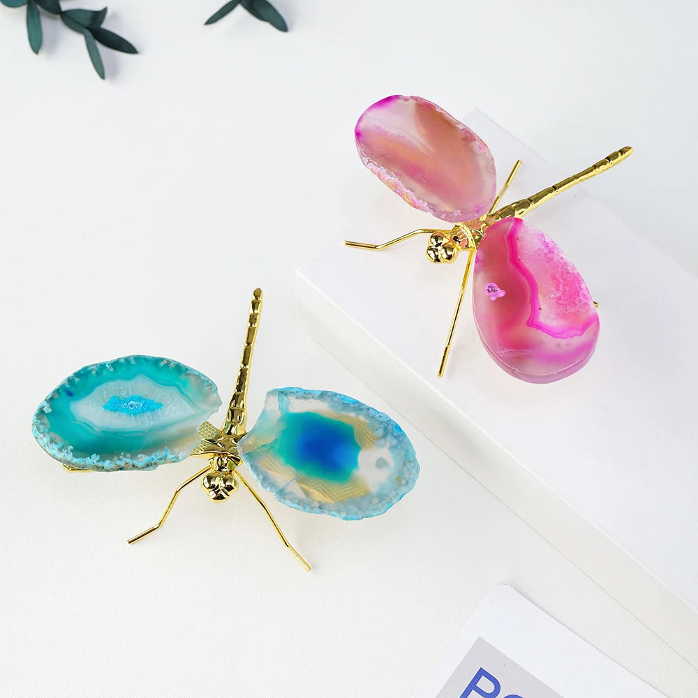 1pc Natural Crystal Colourful Agate Slice DIY Dragonfly Brass Accessories Children's Day Gifts Home Decoration