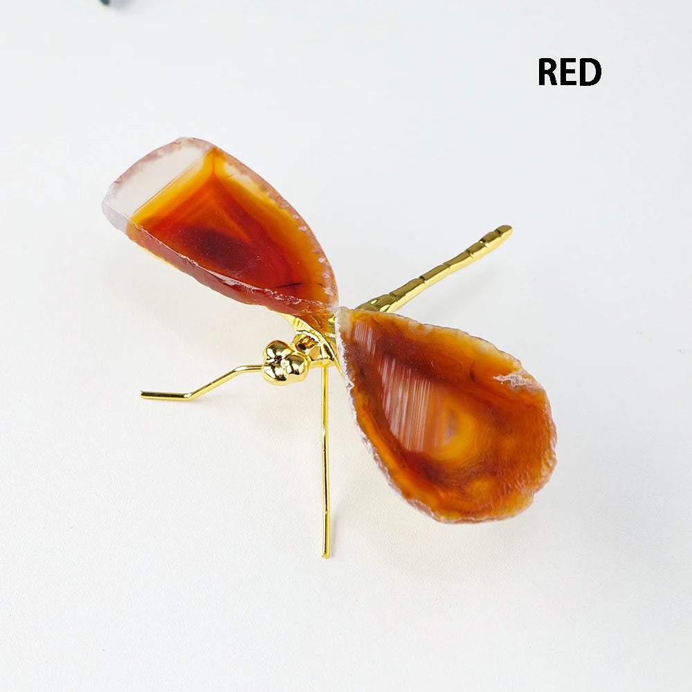 1pc Natural Crystal Colourful Agate Slice DIY Dragonfly Brass Accessories Children's Day Gifts Home Decoration