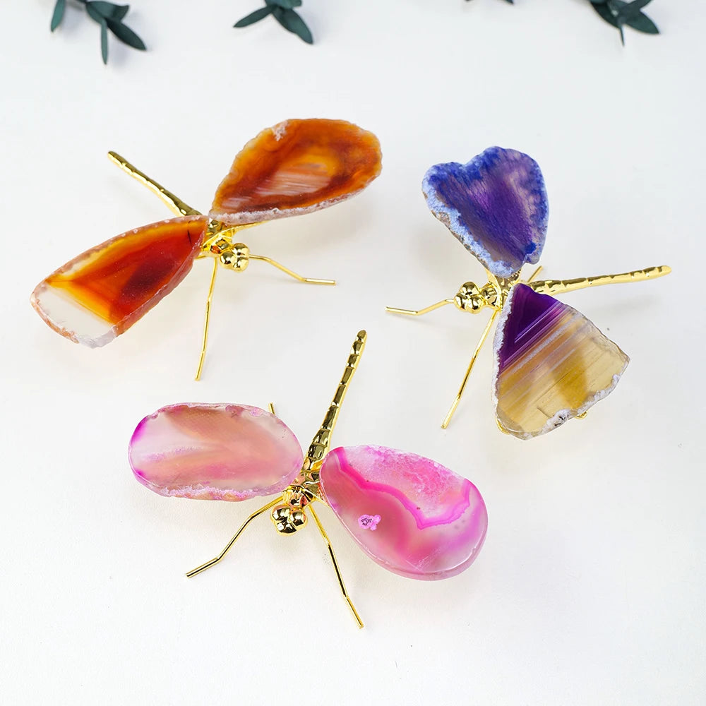 1pc Natural Crystal Colourful Agate Slice DIY Dragonfly Brass Accessories Children's Day Gifts Home Decoration