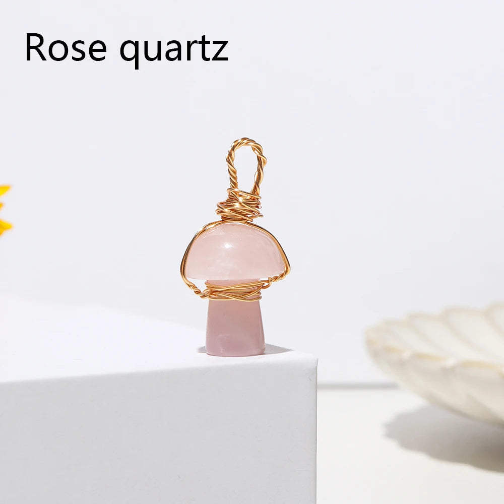 1pc Natural Crystal Mushroom Necklace Gold Silk Thread Rose Quartz Carving Necklace Energy Amethyst Jewelry Gem Gift