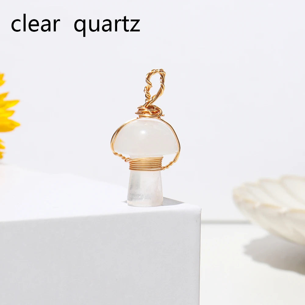 1pc Natural Crystal Mushroom Necklace Gold Silk Thread Rose Quartz Carving Necklace Energy Amethyst Jewelry Gem Gift