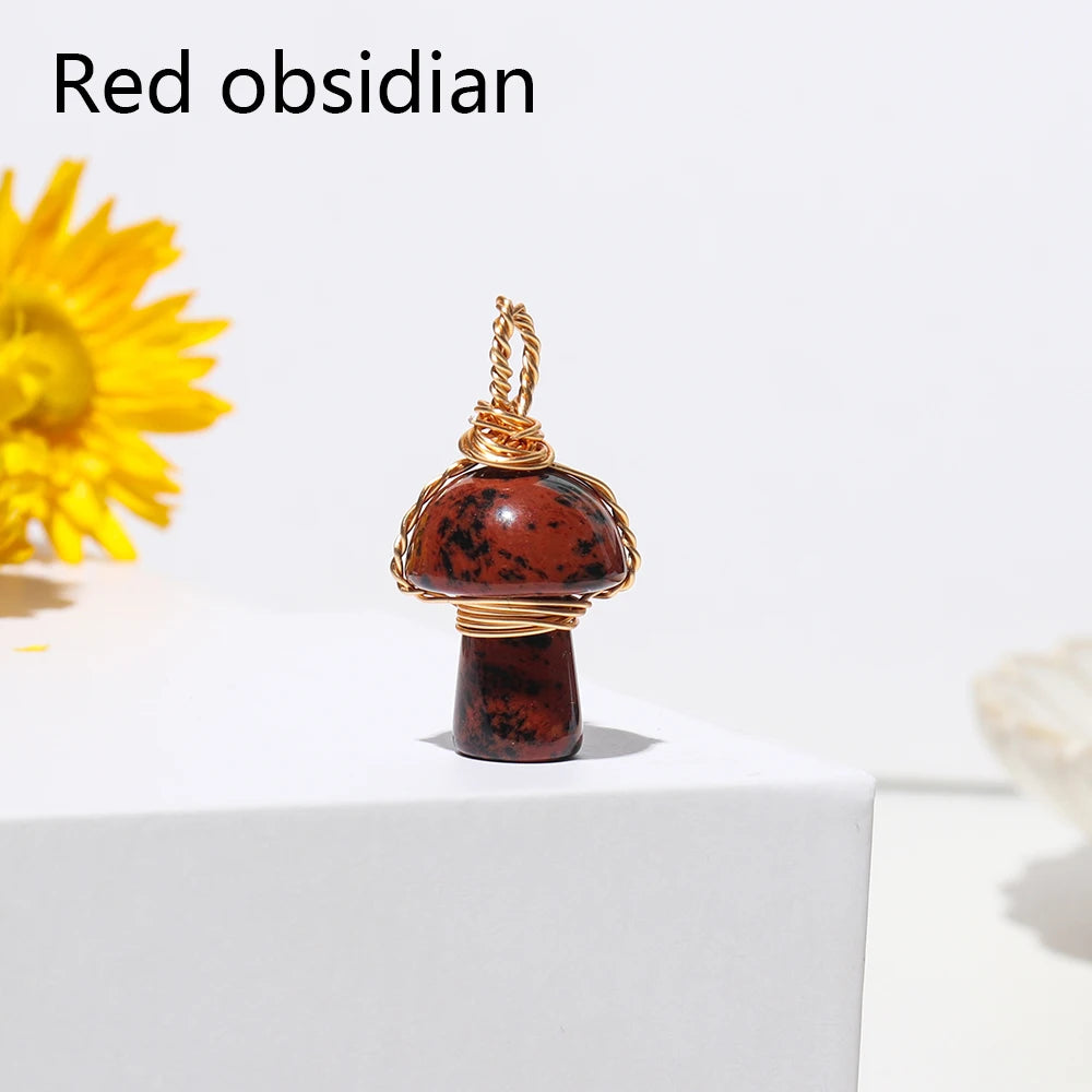 1pc Natural Crystal Mushroom Necklace Gold Silk Thread Rose Quartz Carving Necklace Energy Amethyst Jewelry Gem Gift