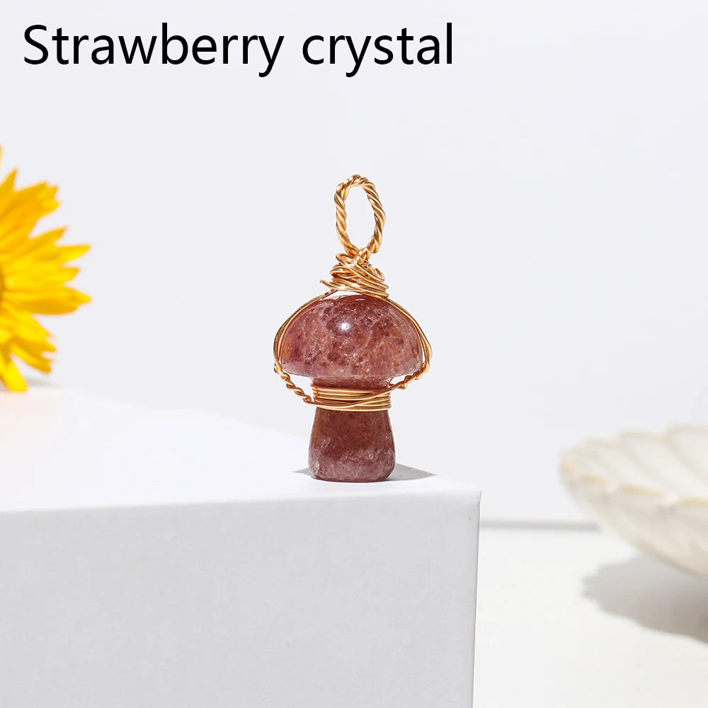 1pc Natural Crystal Mushroom Necklace Gold Silk Thread Rose Quartz Carving Necklace Energy Amethyst Jewelry Gem Gift