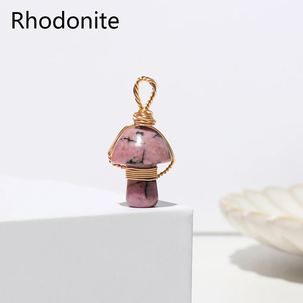 1pc Natural Crystal Mushroom Necklace Gold Silk Thread Rose Quartz Carving Necklace Energy Amethyst Jewelry Gem Gift