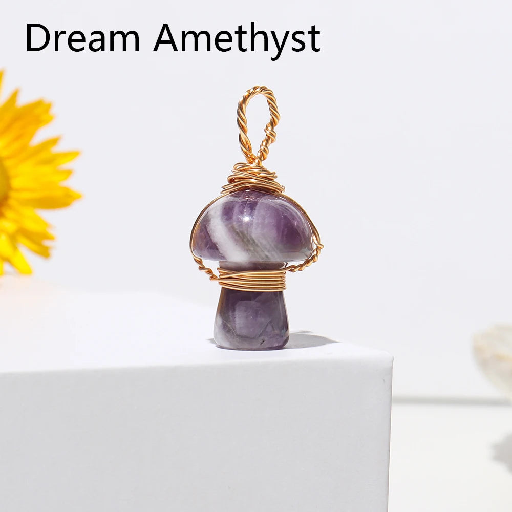 1pc Natural Crystal Mushroom Necklace Gold Silk Thread Rose Quartz Carving Necklace Energy Amethyst Jewelry Gem Gift