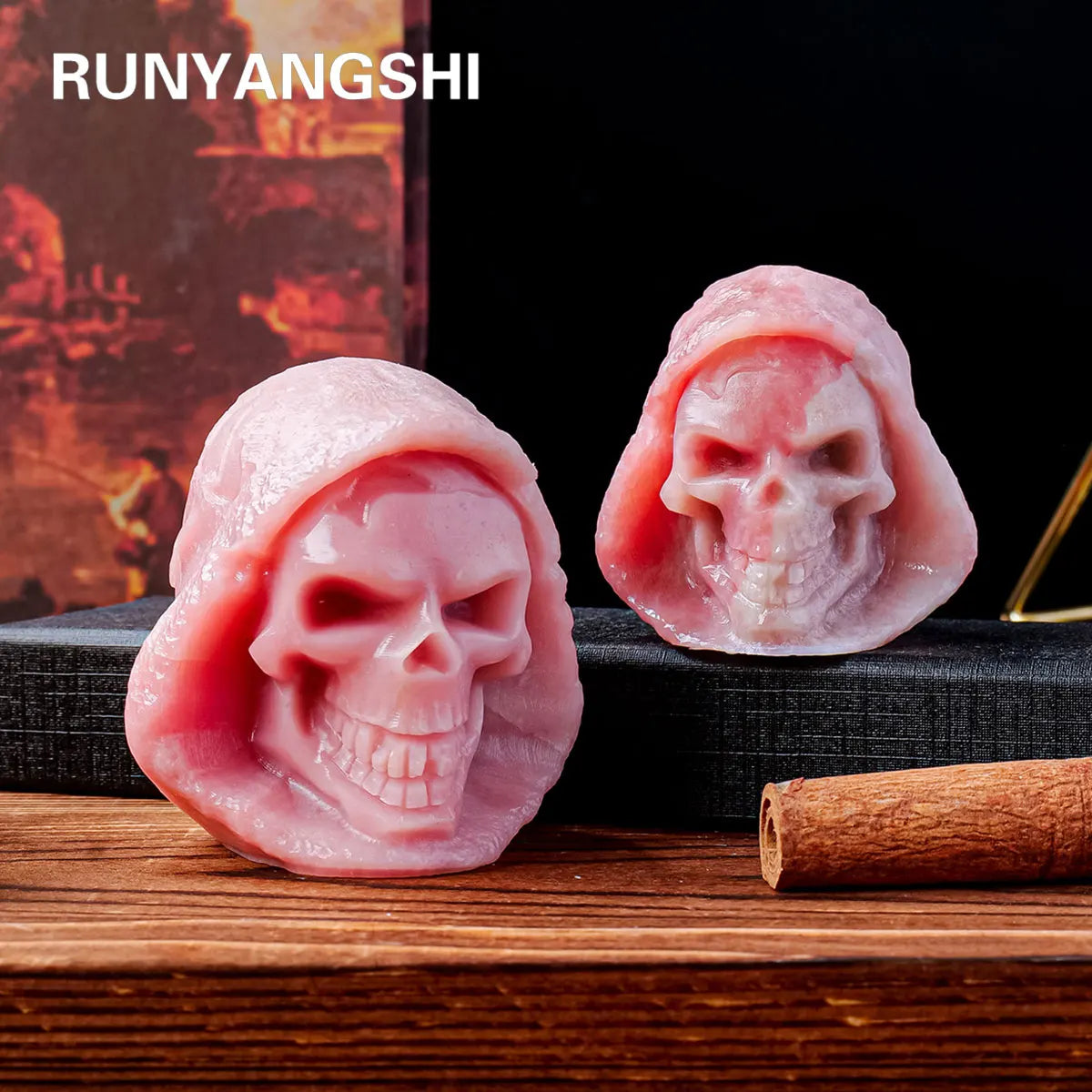 1pc Natural Crystal Pink Opal Gem Carving Death Skull Stone Crafts Halloween Statue Home Decorations