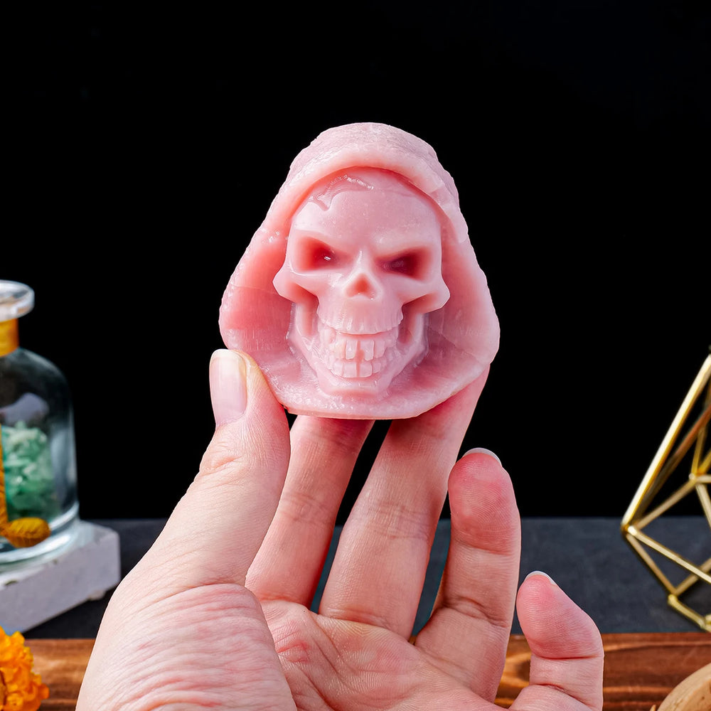 1pc Natural Crystal Pink Opal Gem Carving Death Skull Stone Crafts Halloween Statue Home Decorations