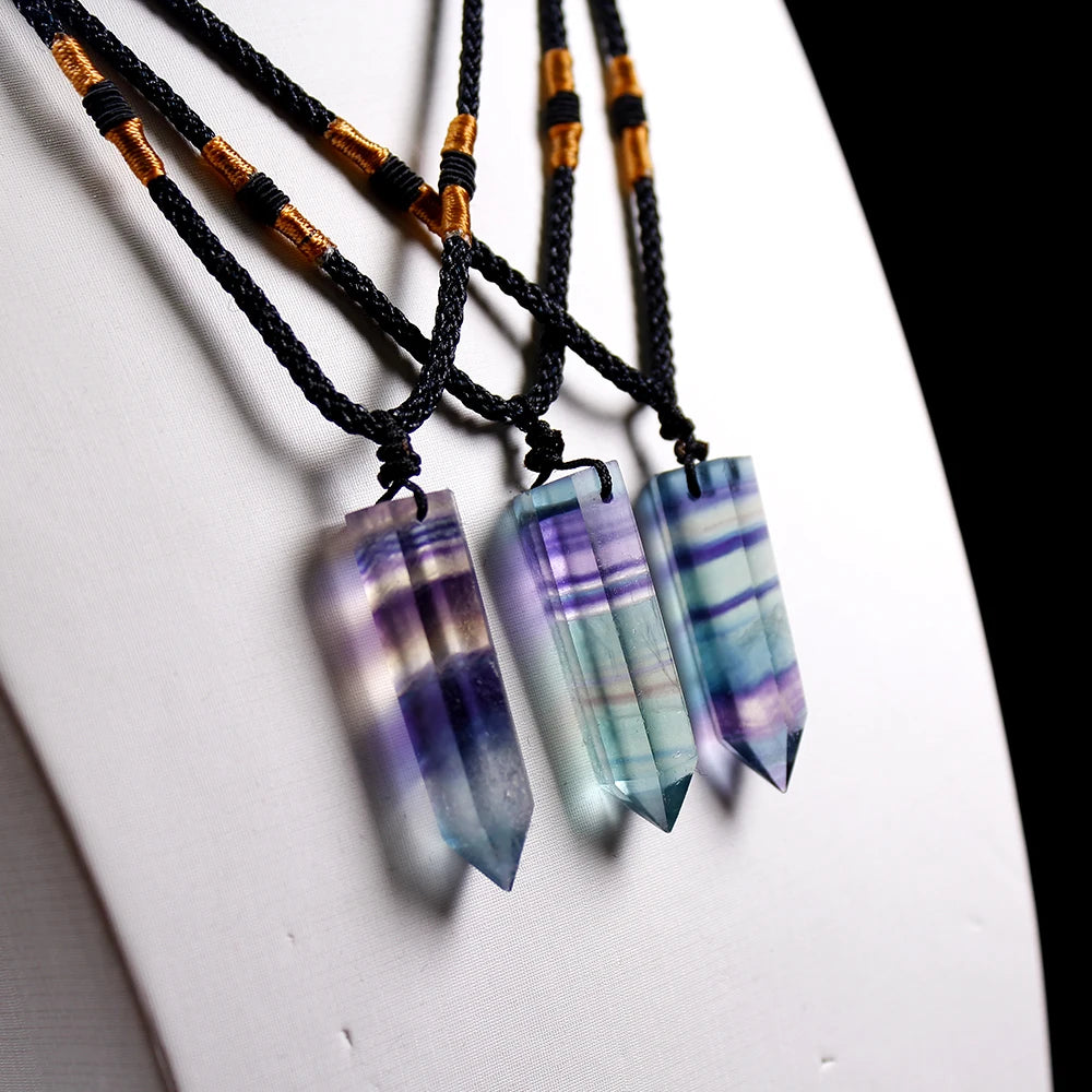 1pc Natural Crystal Rainbow Fluorite single point hexagonal prism Pendant Stripe crystal fluorite Necklace health energy stone