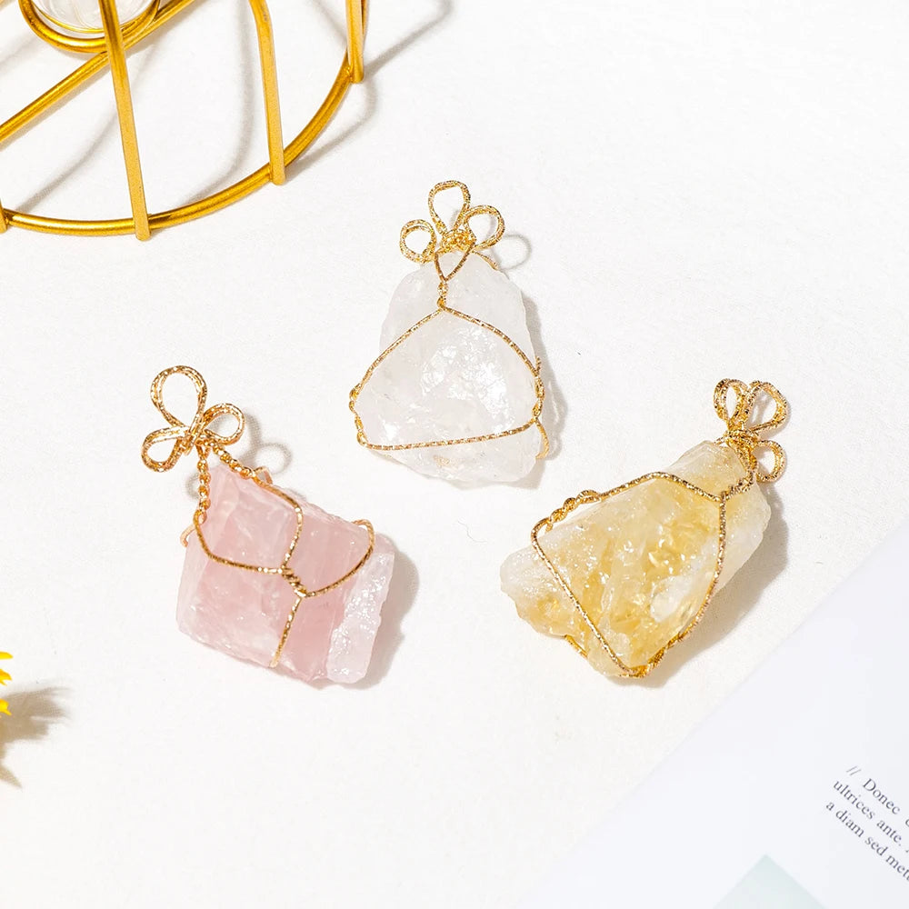 1pc Natural Crystal Raw Stone Gold Silk Thread Pendant Rose Quartz Necklace Gift Energy Amethyst Health Jewelry