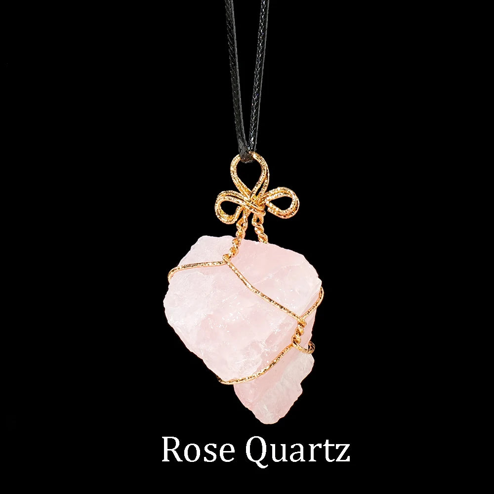 1pc Natural Crystal Raw Stone Gold Silk Thread Pendant Rose Quartz Necklace Gift Energy Amethyst Health Jewelry