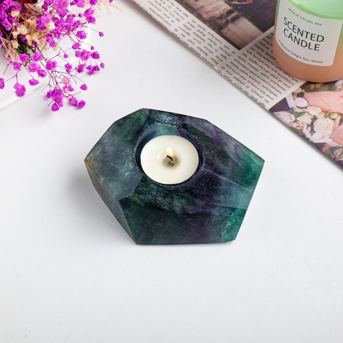 1pc Natural Crystal Raw Stone Irregular Green Fluorite Rough Candlestick Smokeless Candle Home Decoration