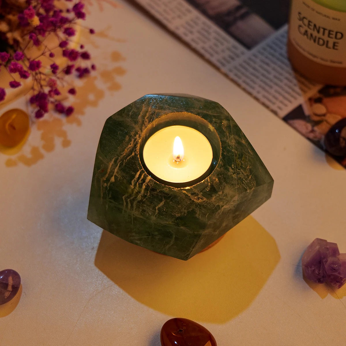 1pc Natural Crystal Raw Stone Irregular Green Fluorite Rough Candlestick Smokeless Candle Home Decoration