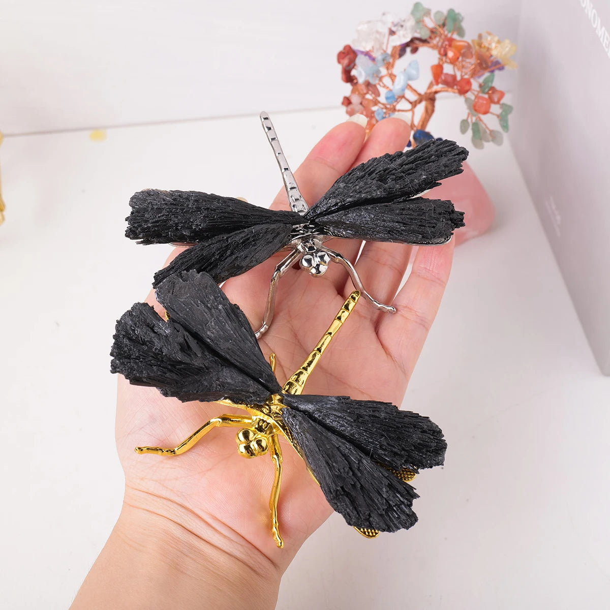 1pc Natural Crystal Stone Black Tourmaline Flame Feather DIY Dragonfly Animal Divination Decoration Wholesale Home Decoration