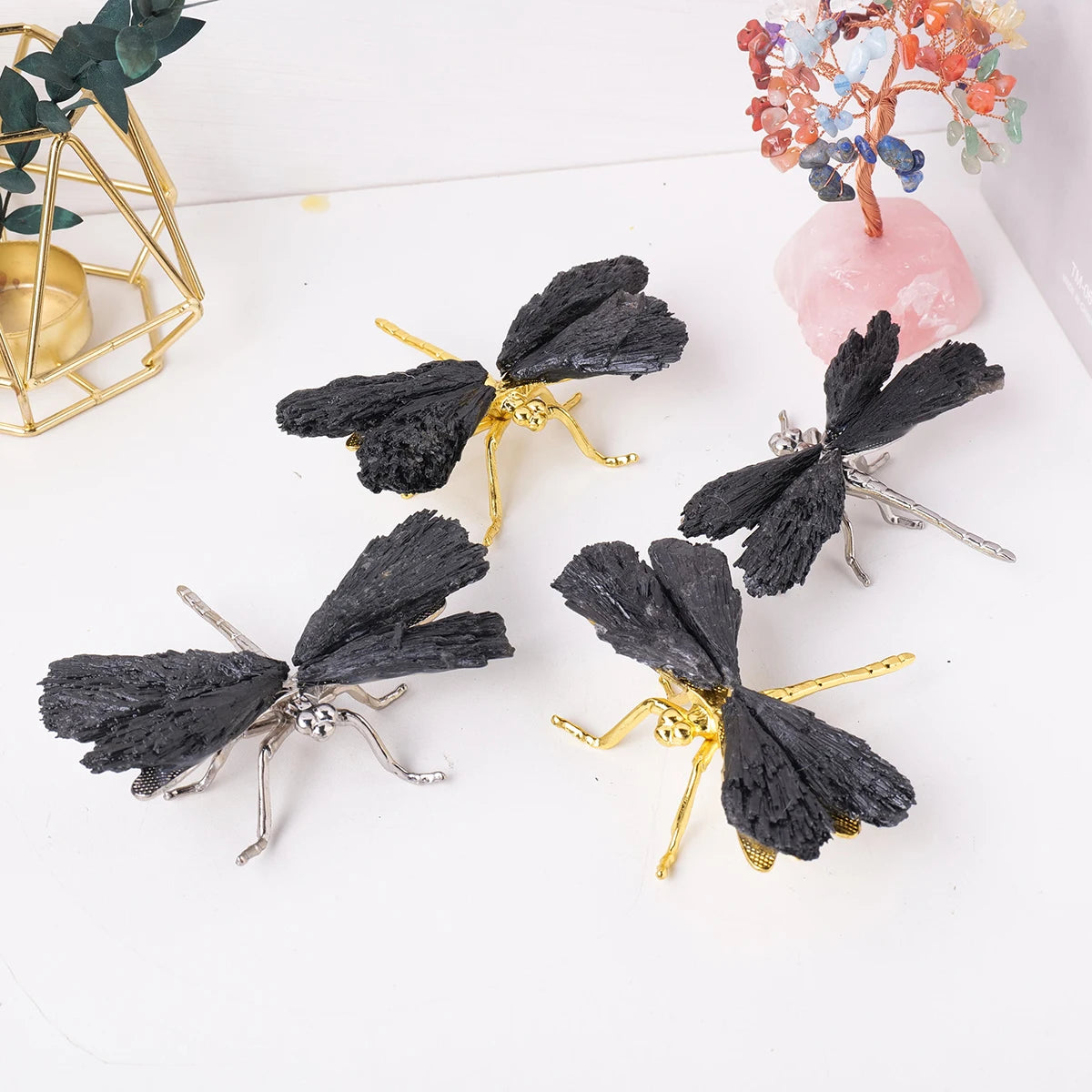 1pc Natural Crystal Stone Black Tourmaline Flame Feather DIY Dragonfly Animal Divination Decoration Wholesale Home Decoration