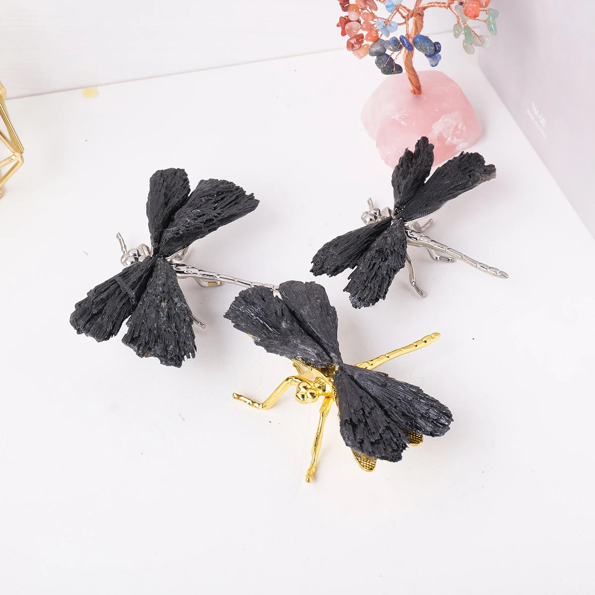 1pc Natural Crystal Stone Black Tourmaline Flame Feather DIY Dragonfly Animal Divination Decoration Wholesale Home Decoration