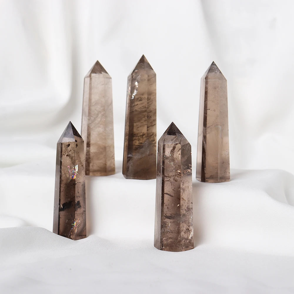 1pc Natural Crystal Tower Smoky Quartz Hexagonal Prism Energy Gem Magic Wand Treatment Decoration