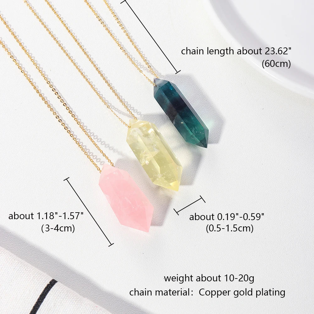 1pc Natural Gemstone Double Pointed Crystal Column Pendant Amethyst Quartz Reiki Necklace For Women Men Jewelry Gift